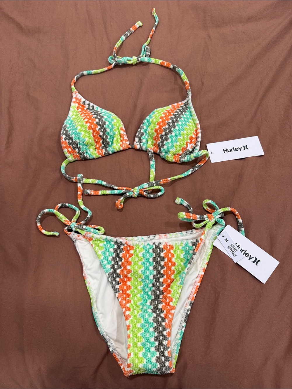 Hurley Girls' Neon Green Orange Gray Striped Tie-Side Bikini
